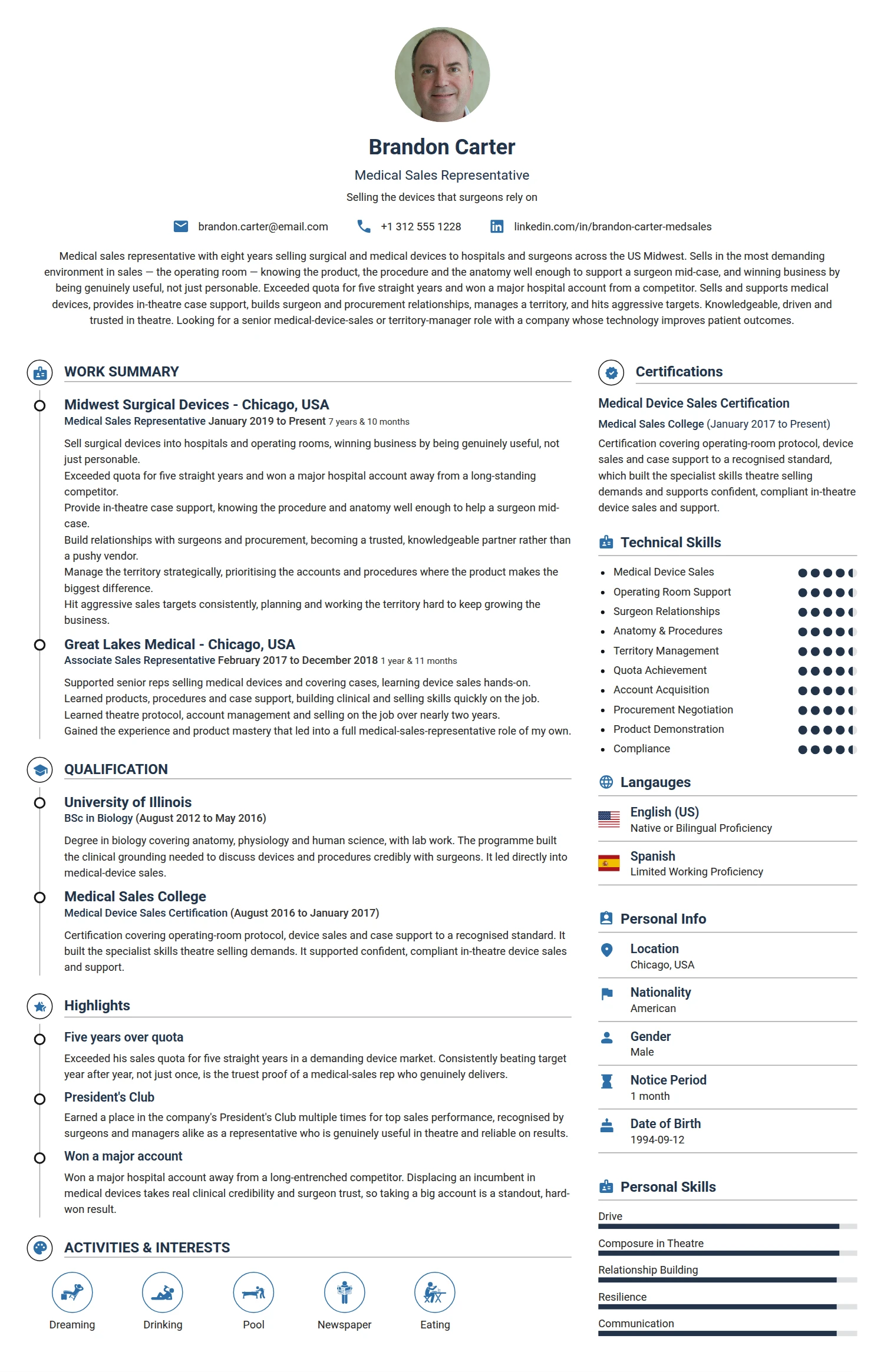Medical Sales Representative resume example — a professionally formatted Medical & Healthcare CV sample