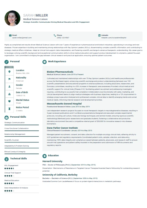 Medical Science Liaison resume example — a professionally formatted Advertising/Marketing/PR CV sample