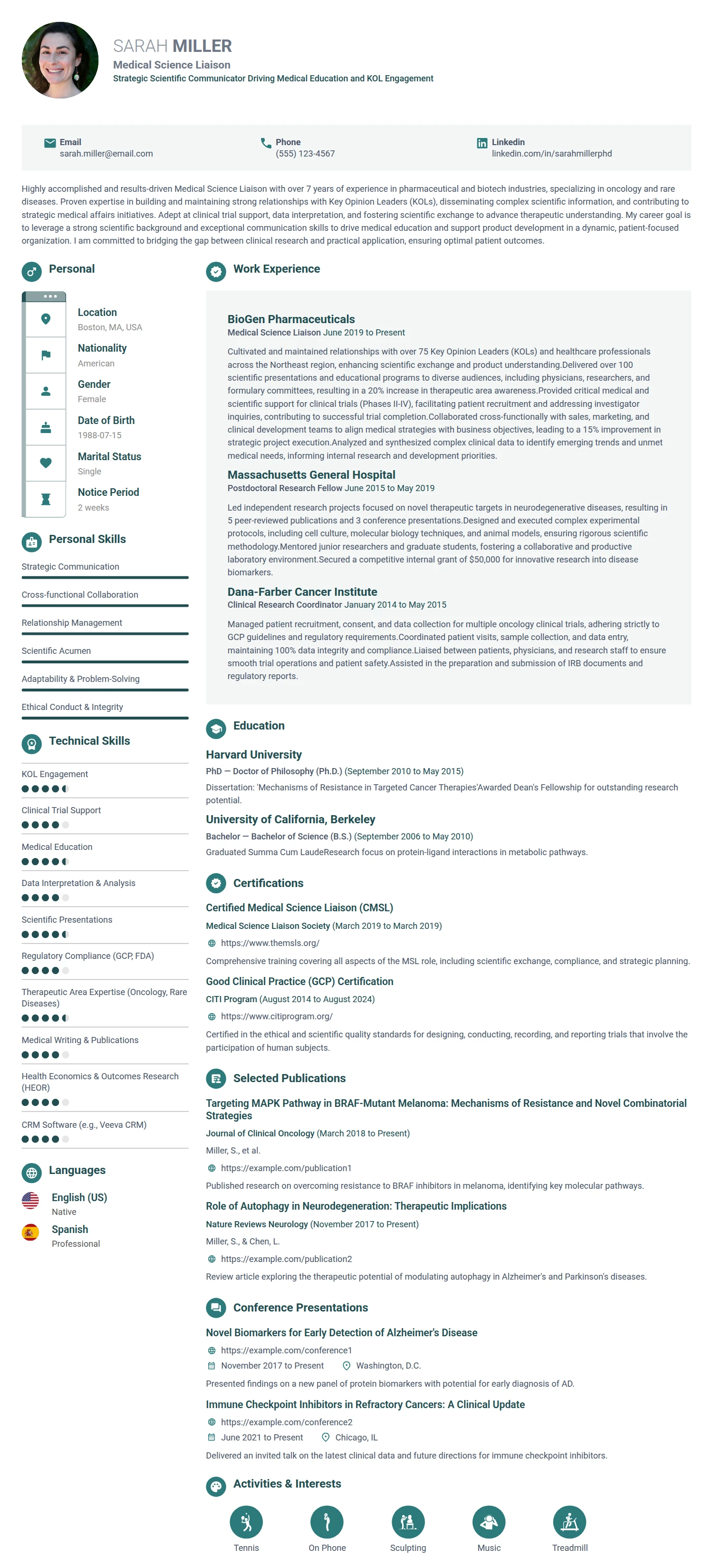 Medical Science Liaison resume example — a professionally formatted Advertising/Marketing/PR CV sample
