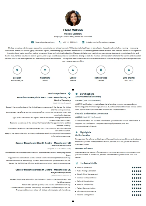 Medical Secretary resume example