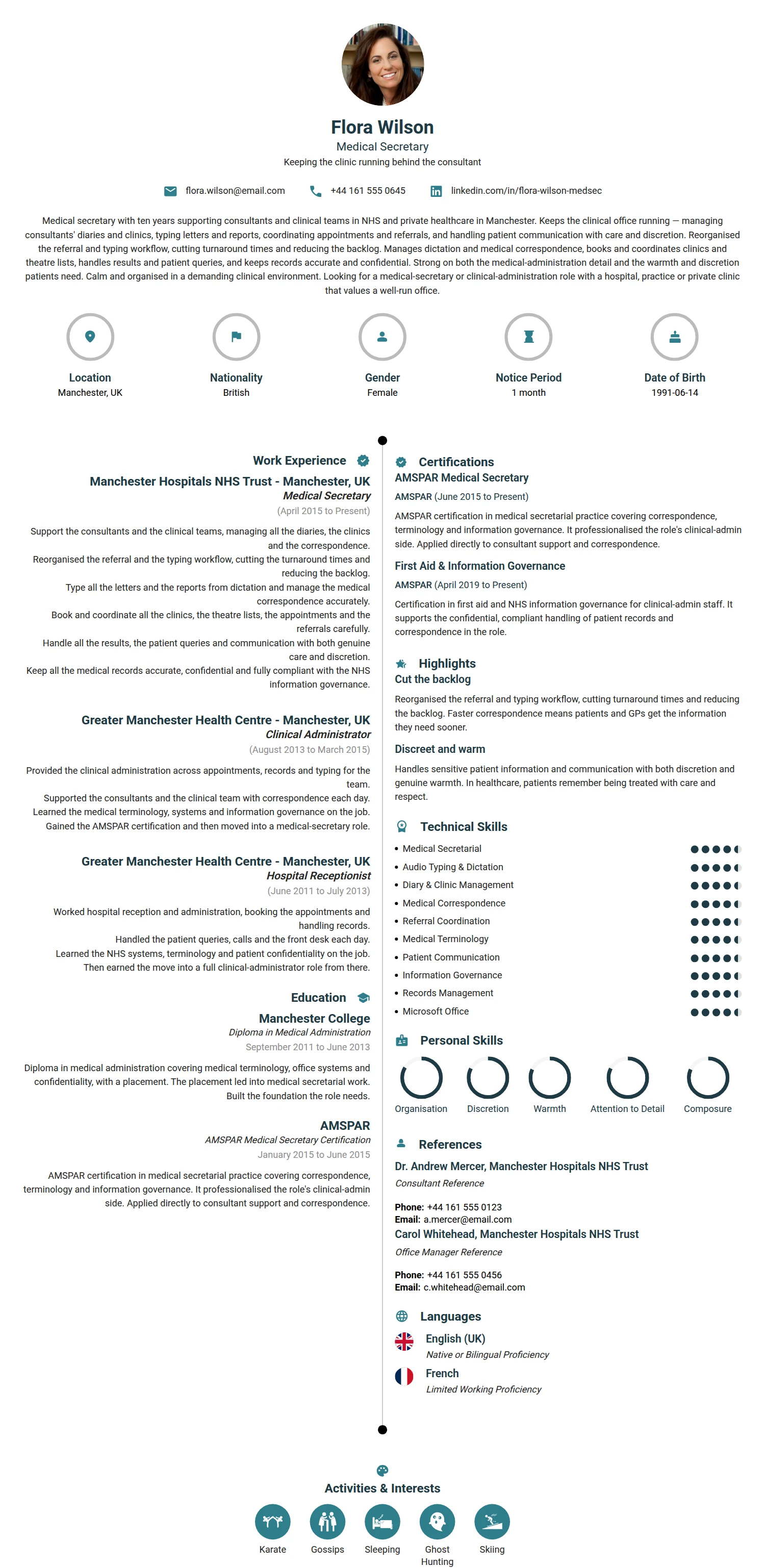 Medical Secretary resume example — a professionally formatted Administration CV sample