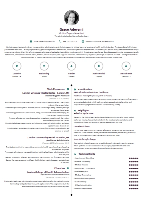Medical Support Assistant resume example — a professionally formatted Medical & Healthcare CV sample