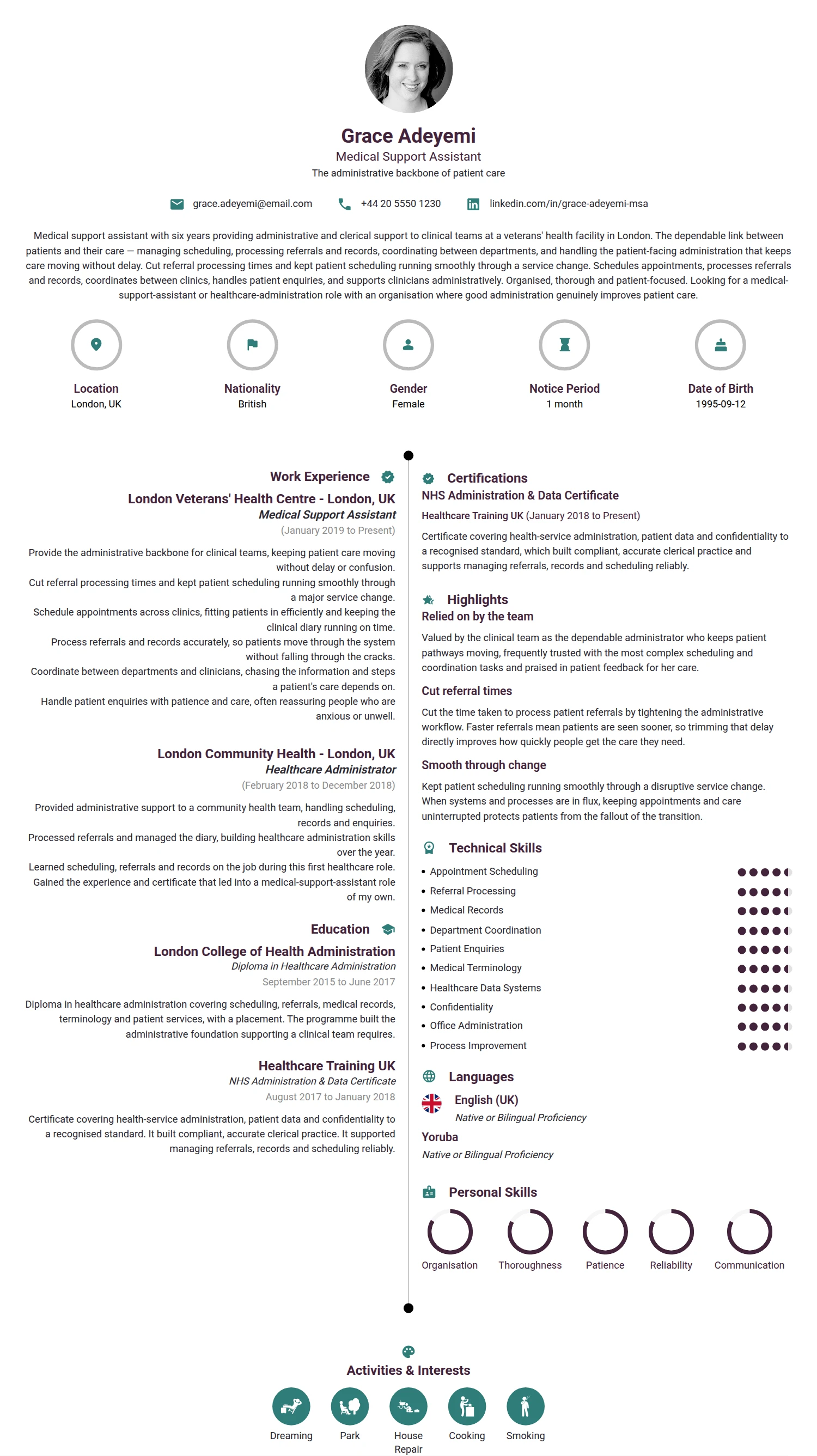 Medical Support Assistant resume example — a professionally formatted Medical & Healthcare CV sample