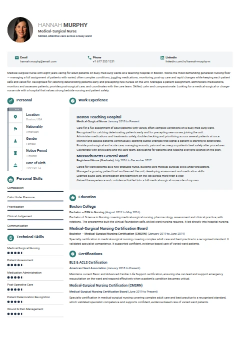 Medical Surgical Nurse resume example