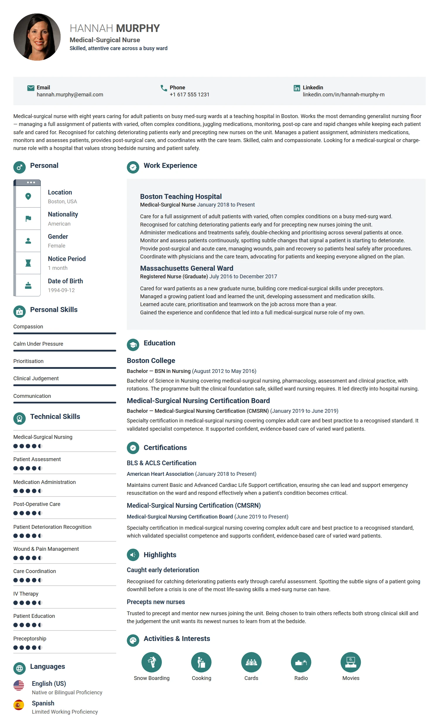 Medical Surgical Nurse resume example — a professionally formatted Medical & Healthcare CV sample