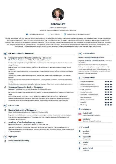 Medical Technologist resume example