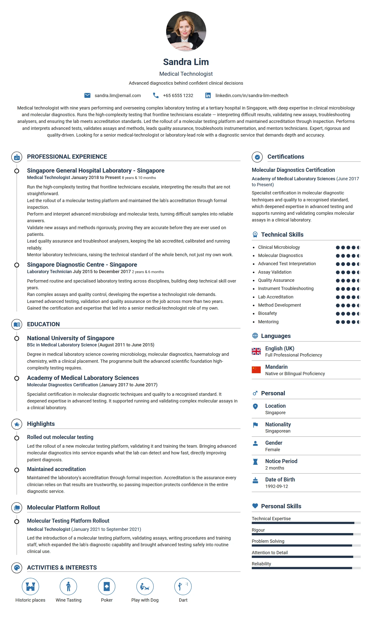 Medical Technologist resume example — a professionally formatted Software Development & IT CV sample