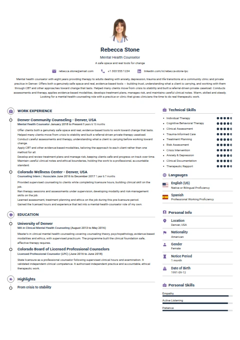 Mental Health Counselor resume example