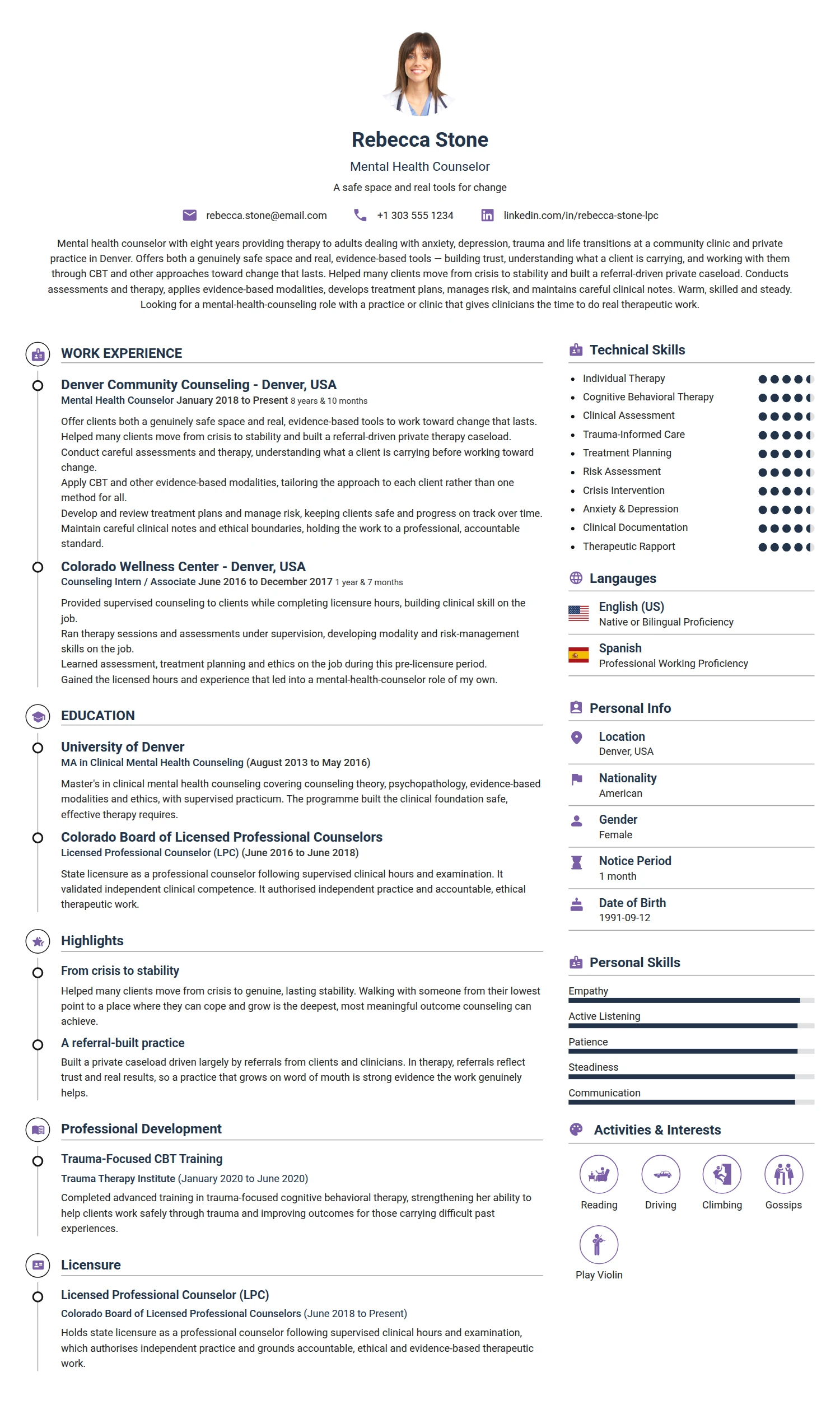 Mental Health Counselor resume example — a professionally formatted Medical & Healthcare CV sample