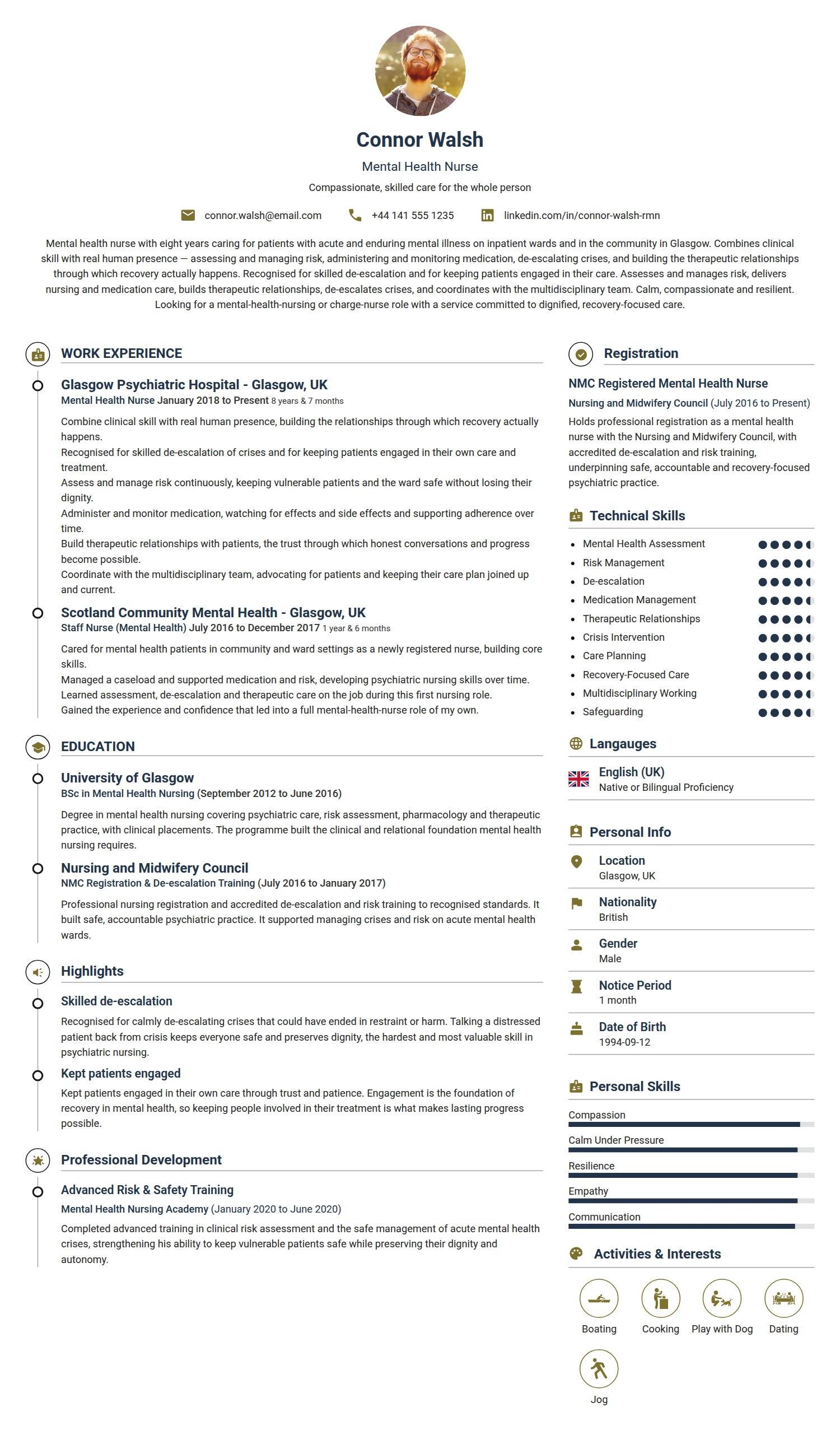 Mental Health Nurse resume example — a professionally formatted Medical & Healthcare CV sample