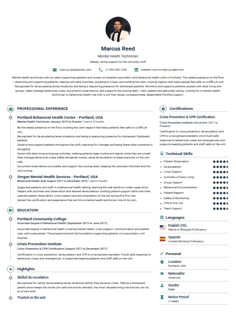 Mental Health Technician resume example