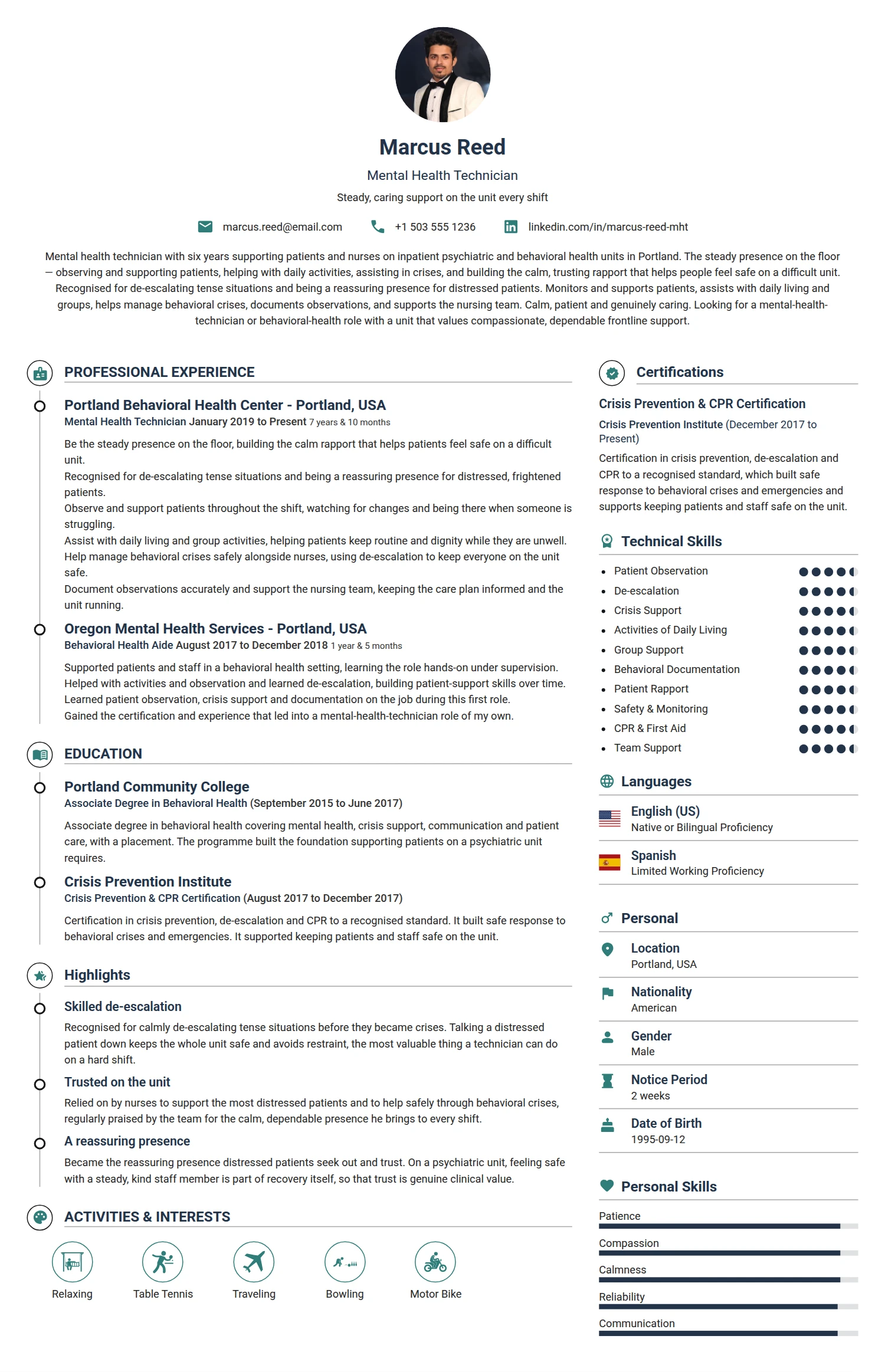 Mental Health Technician resume example — a professionally formatted Medical & Healthcare CV sample