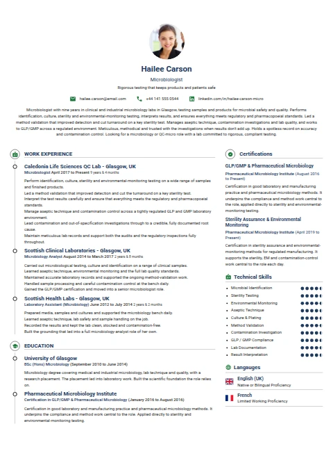 Microbiologist resume example — a professionally formatted Science & Research CV sample