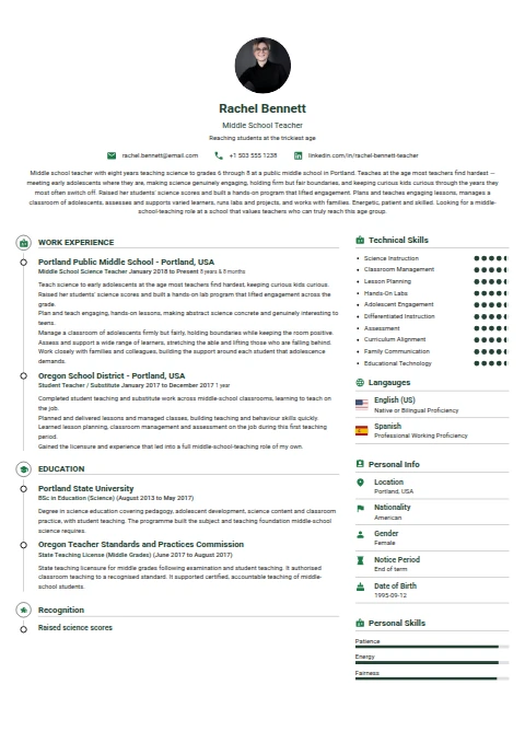 Middle School Teacher resume example