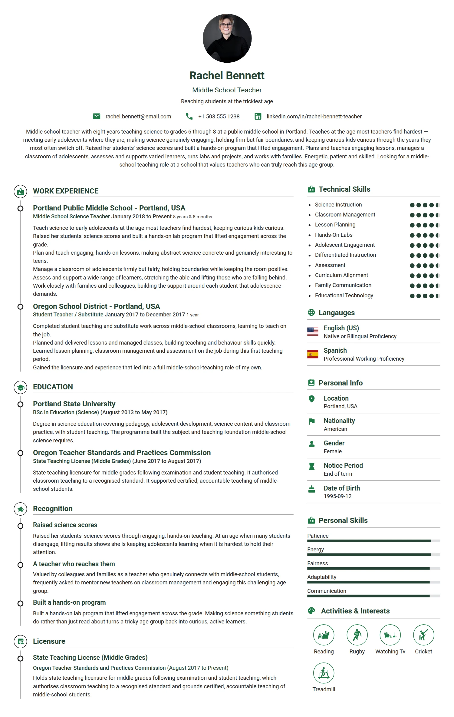 Middle School Teacher resume example — a professionally formatted Education CV sample