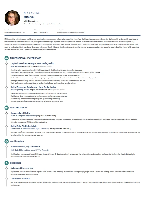 MIS Executive resume example — a professionally formatted Administration CV sample