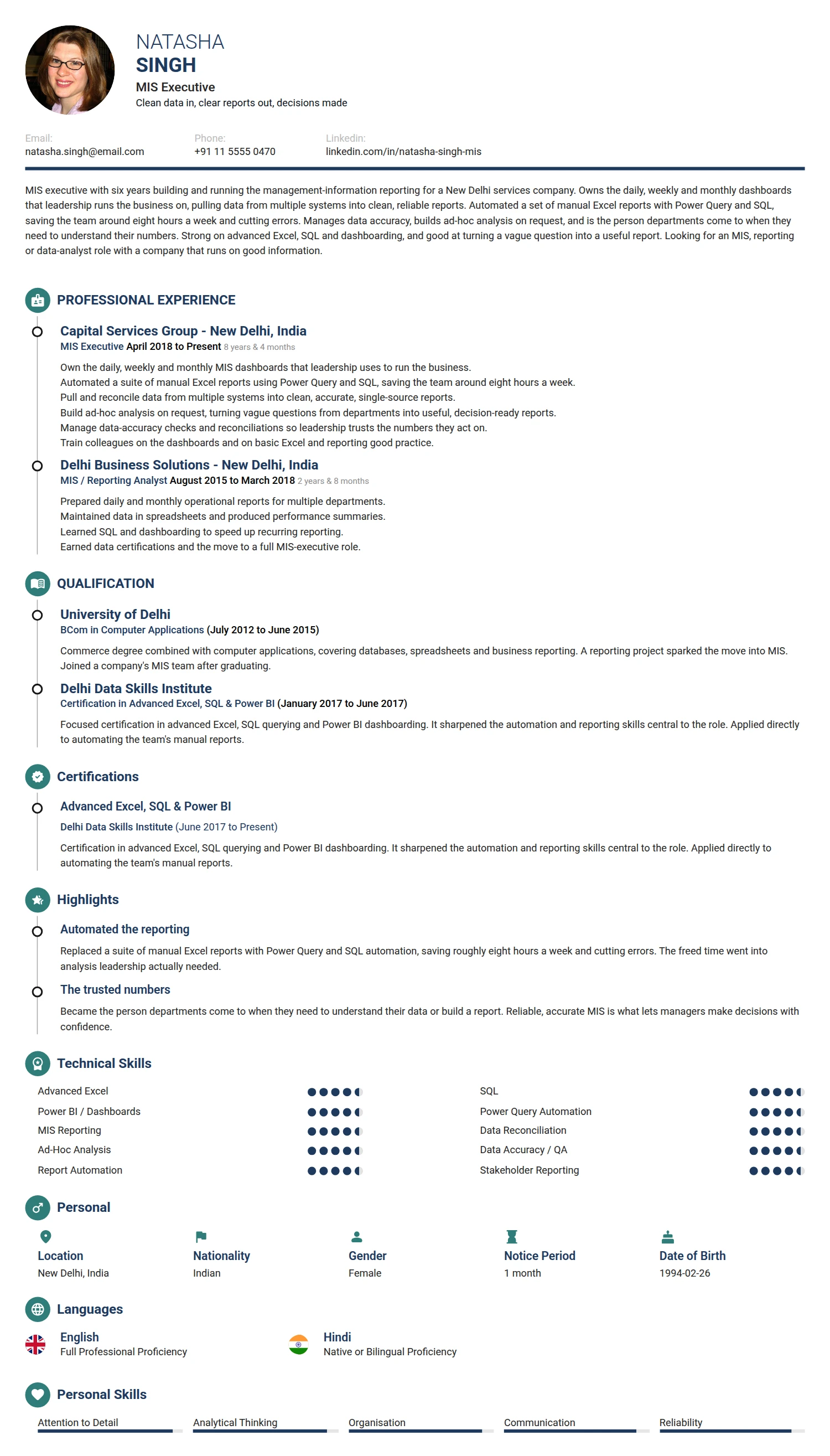 MIS Executive resume example — a professionally formatted Administration CV sample