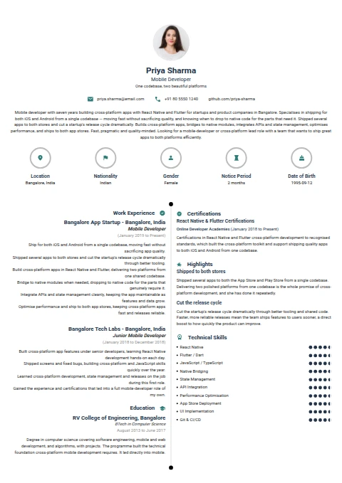 Mobile Developer resume example
