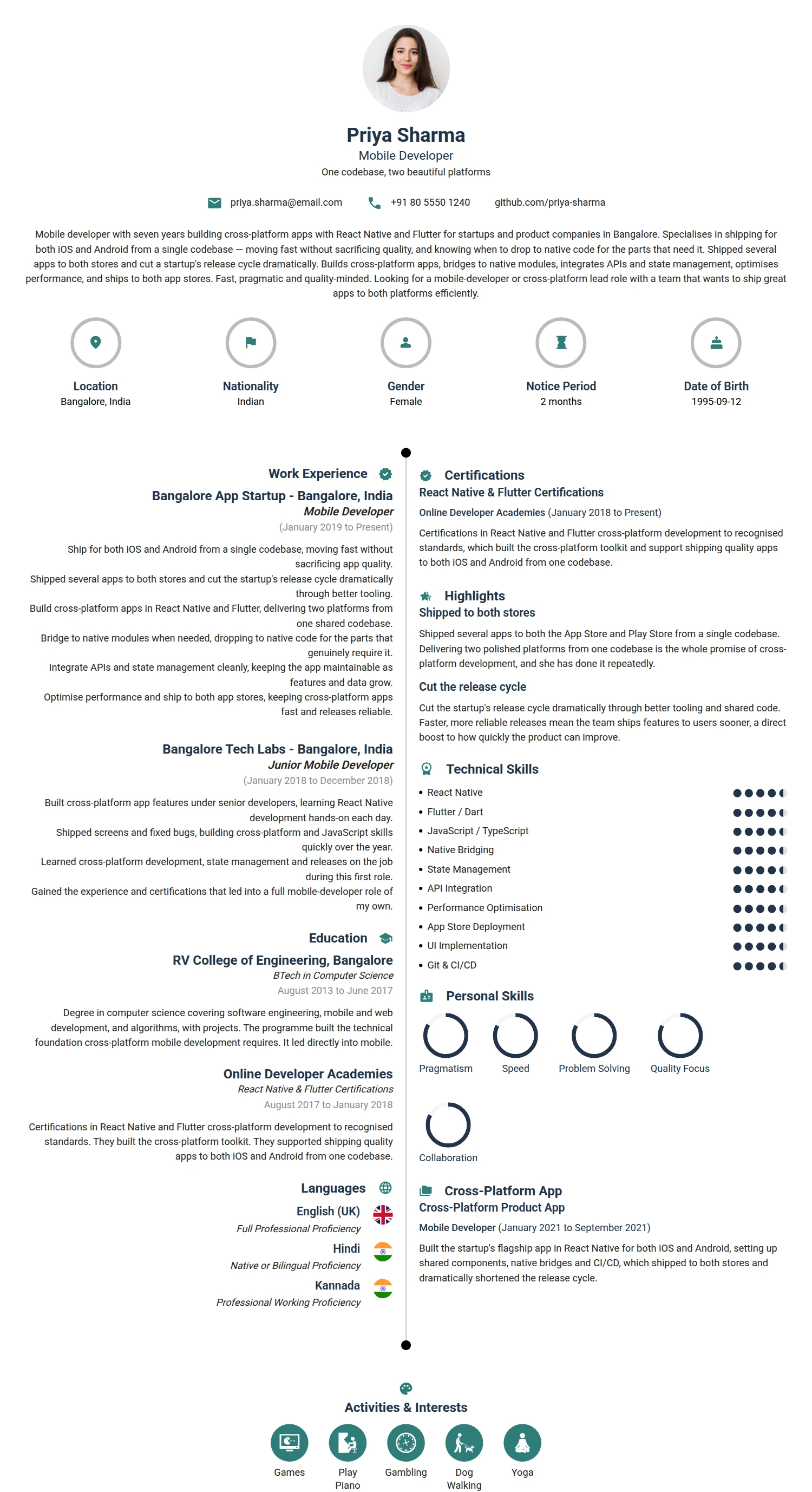 Mobile Developer resume example — a professionally formatted Software Development & IT CV sample
