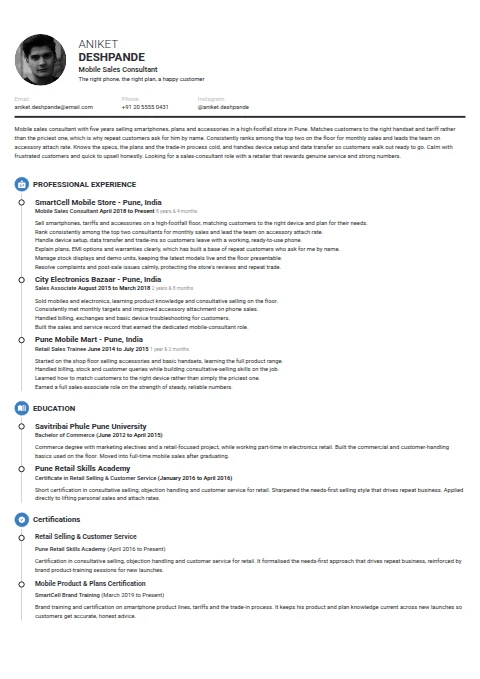 Mobile Sales Consultant resume example