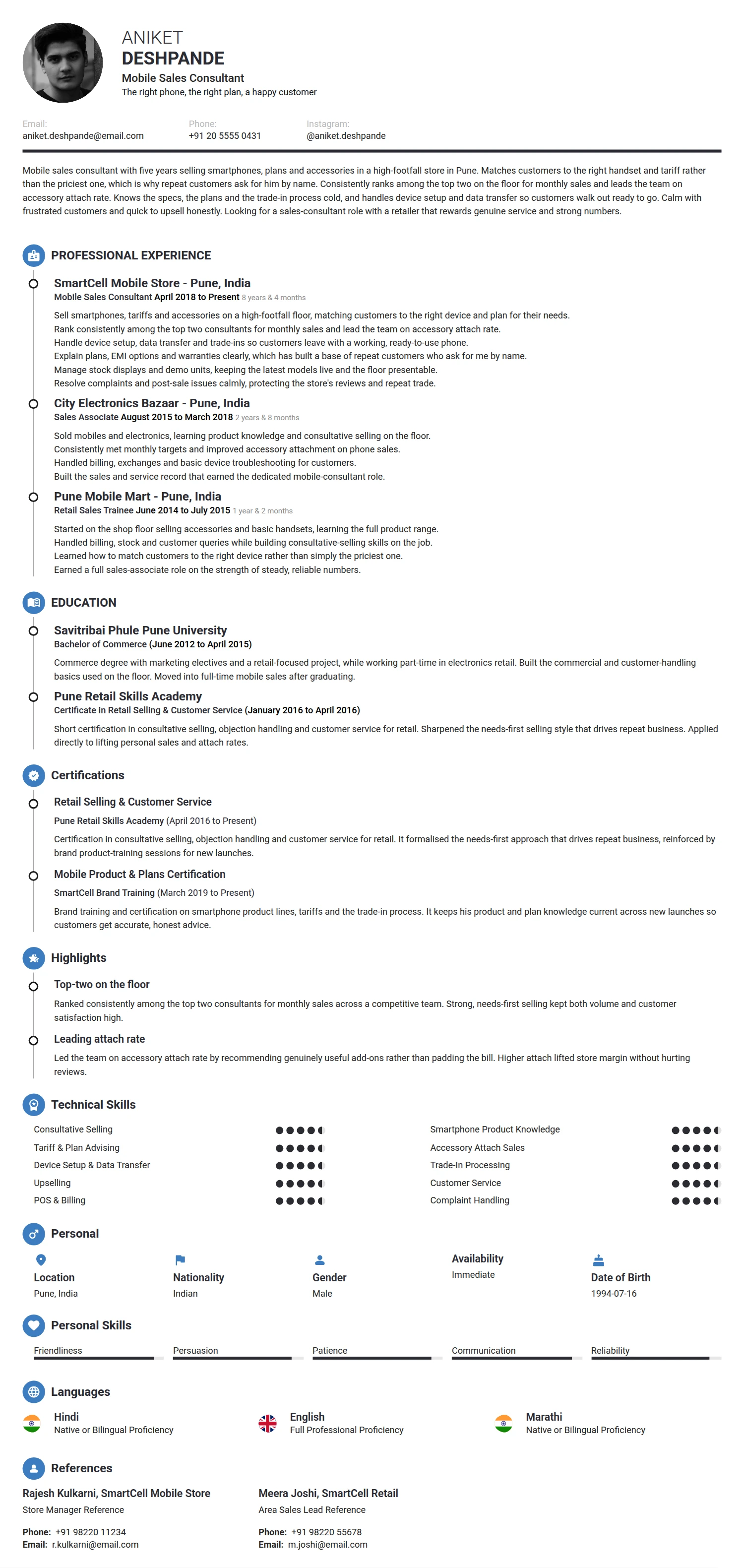 Mobile Sales Consultant resume example — a professionally formatted Business Management CV sample