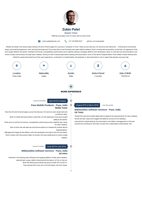 Mobile Tester resume example