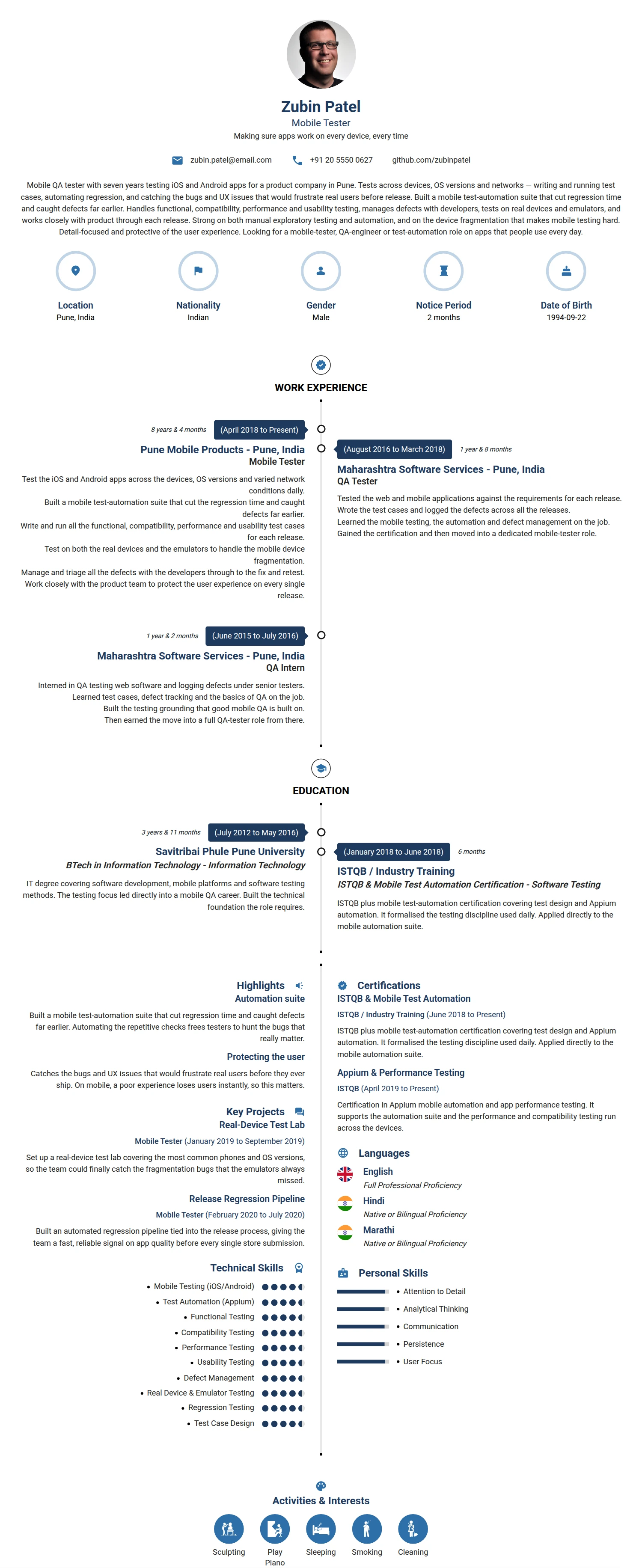 Mobile Tester resume example — a professionally formatted Software Development & IT CV sample