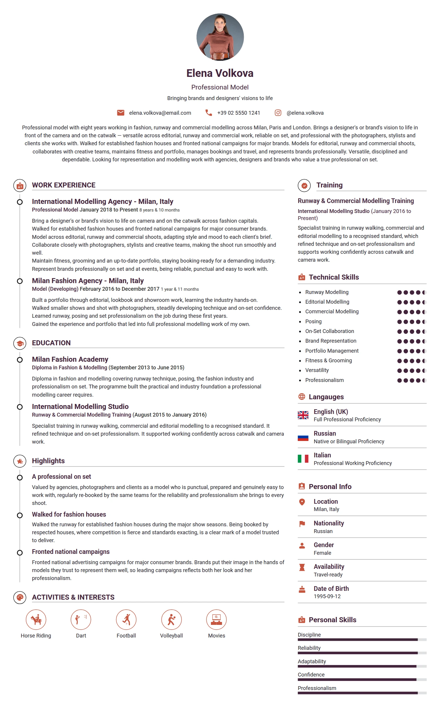 Model resume example — a professionally formatted Art/Creative/Design CV sample