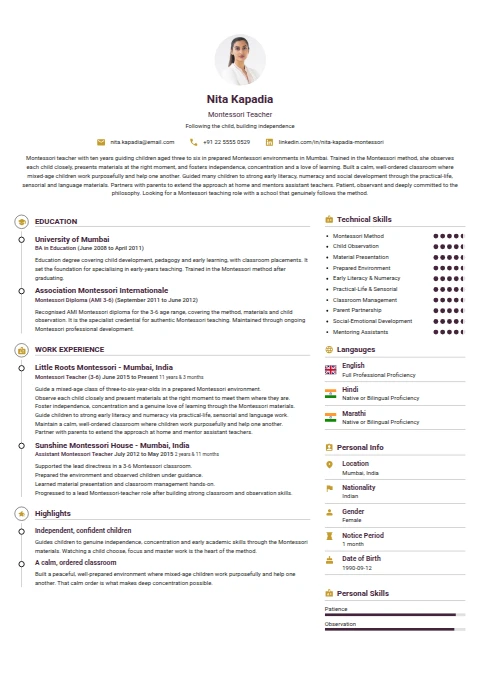 Montessori Teacher resume example