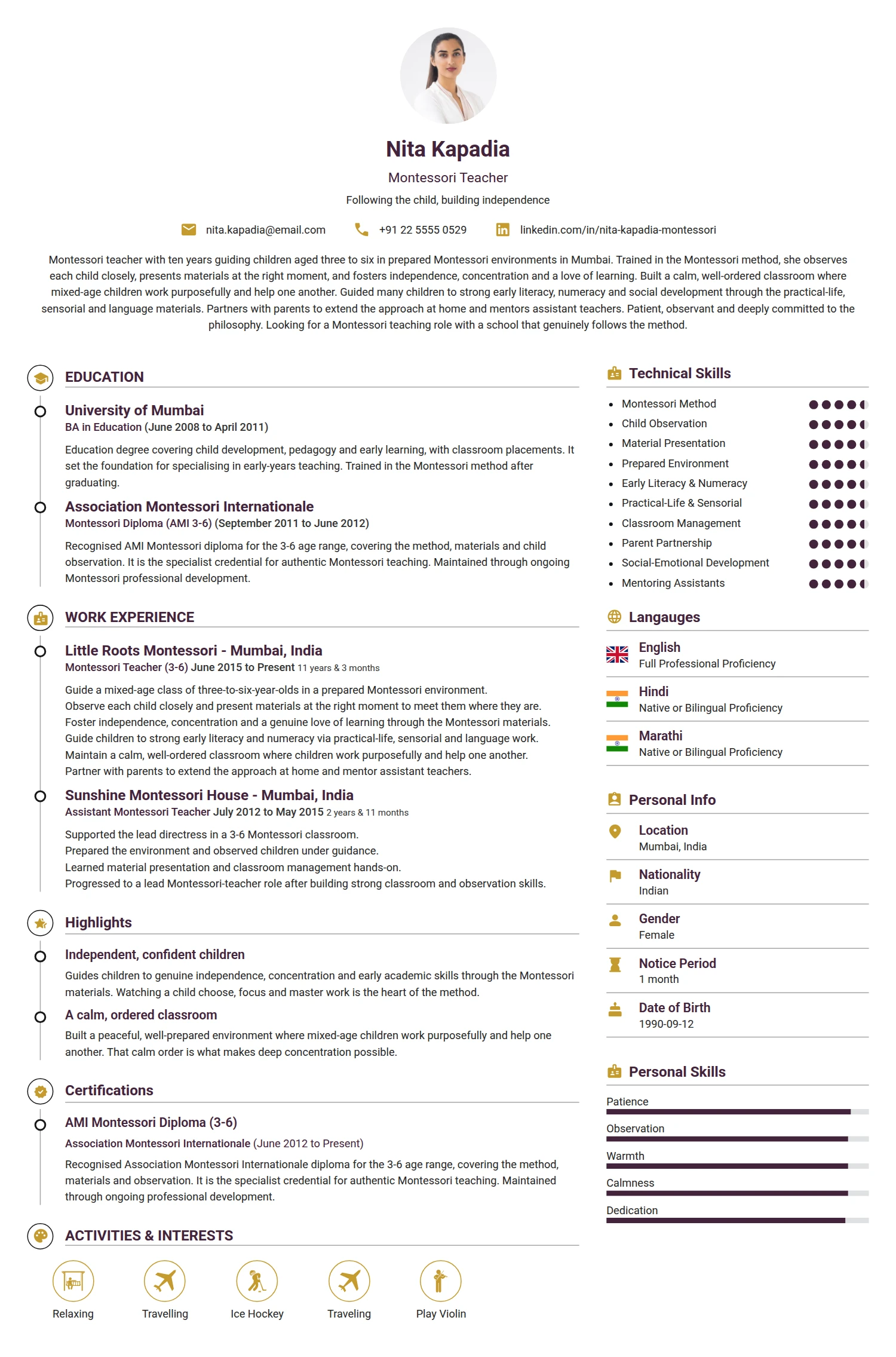 Montessori Teacher resume example — a professionally formatted Education CV sample
