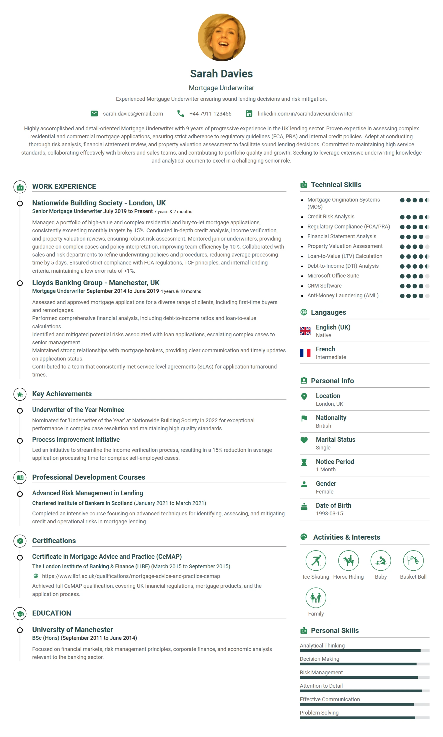 Mortgage Underwriter resume example — a professionally formatted Financial Services & Banking CV sample