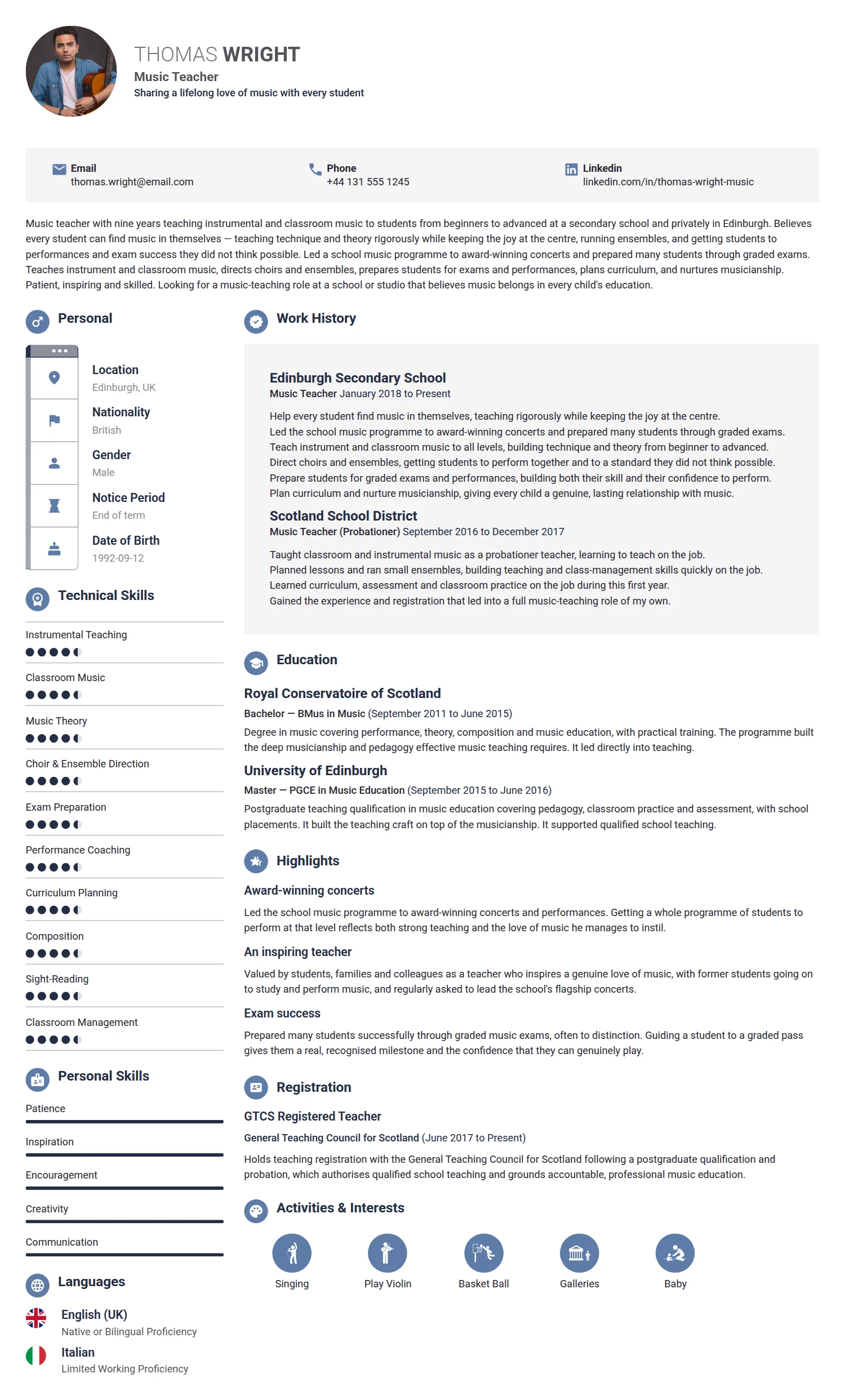 Music Teacher resume example — a professionally formatted Art/Creative/Design CV sample