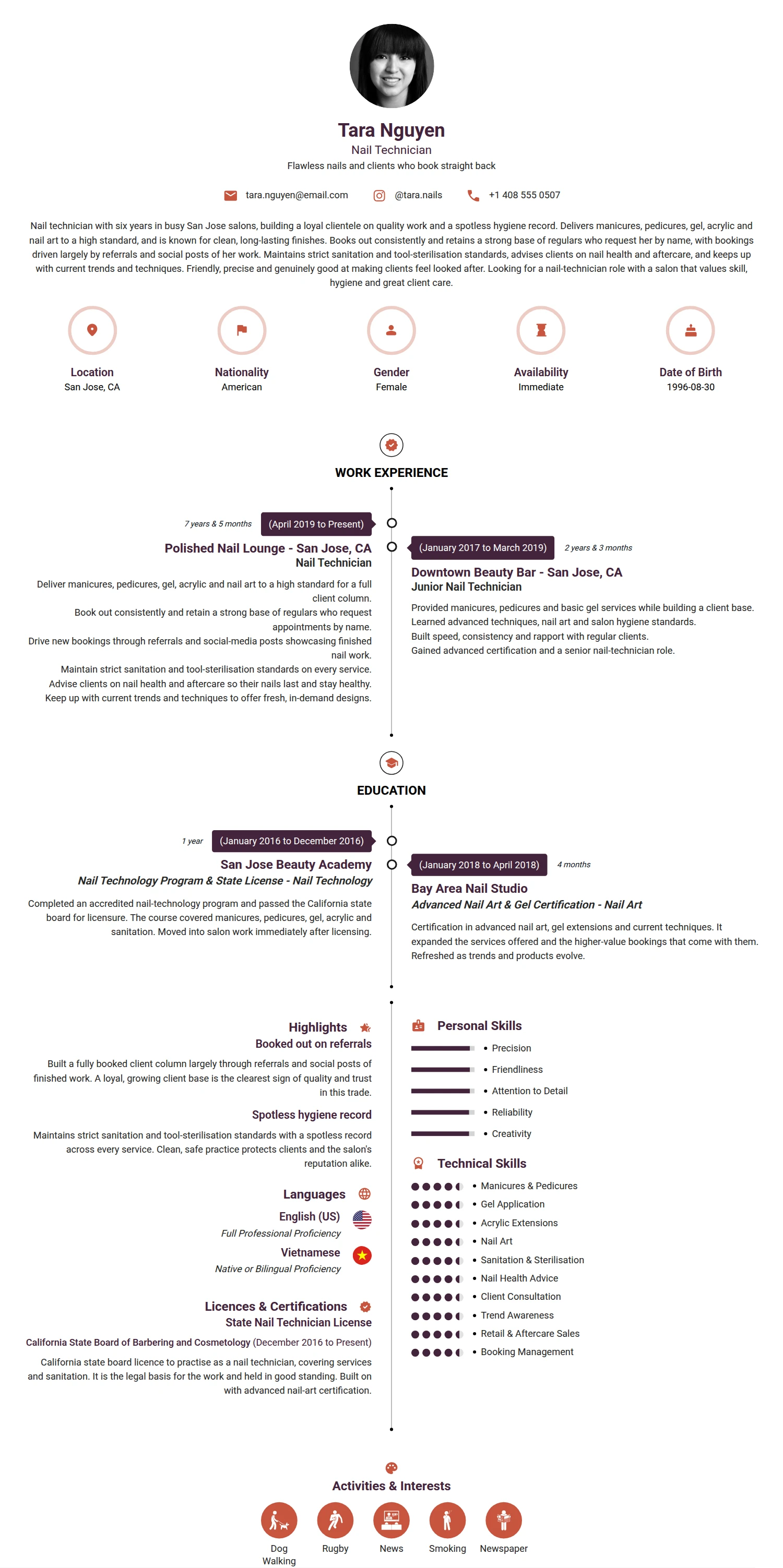 Nail Technician resume example — a professionally formatted Art/Creative/Design CV sample