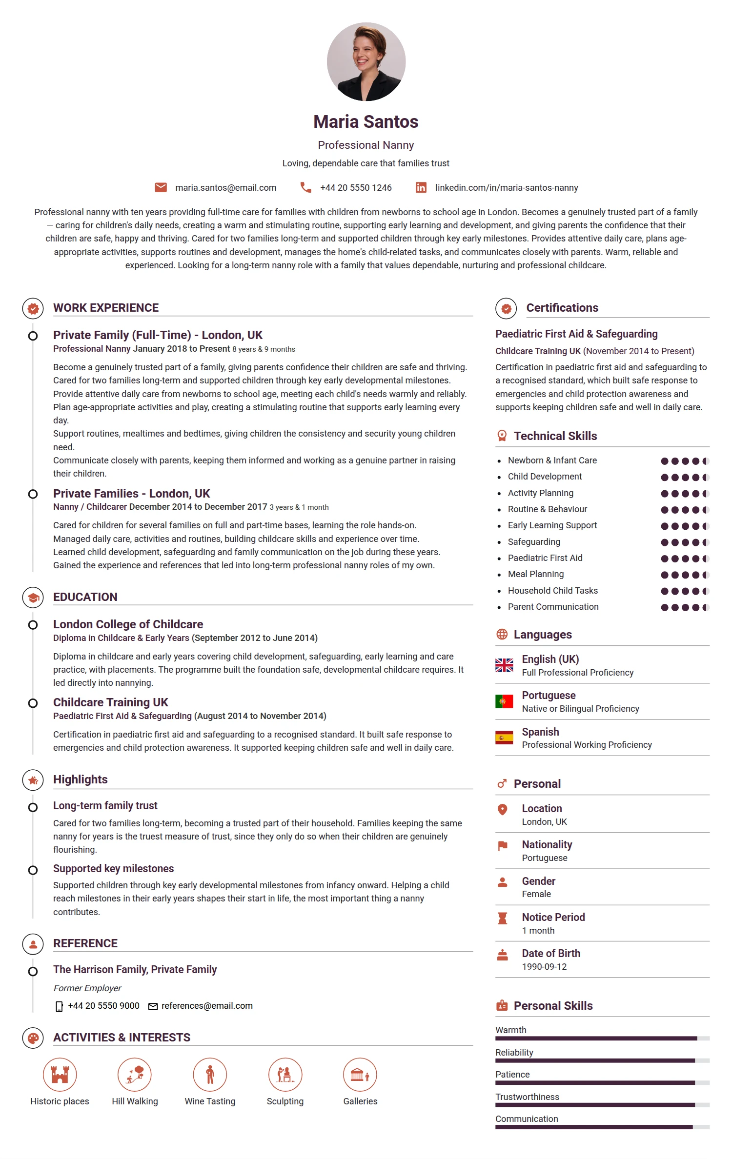 Nanny resume example — a professionally formatted Child Care CV sample