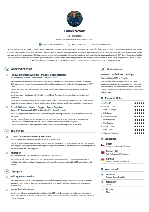 .Net Developer resume example