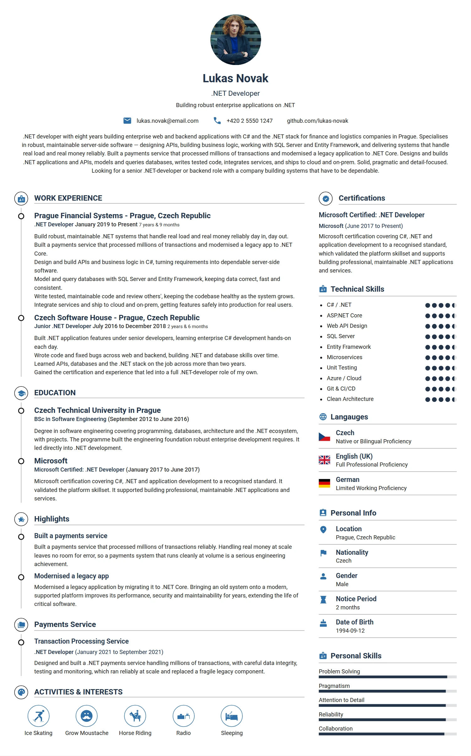 .Net Developer resume example — a professionally formatted Software Development & IT CV sample