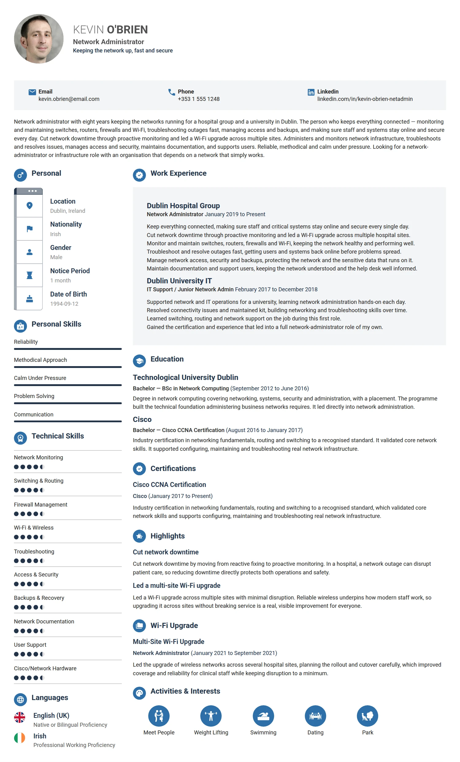 Network Administrator resume example — a professionally formatted Software Development & IT CV sample