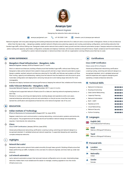 Network Engineer resume example — a professionally formatted Software Development & IT CV sample