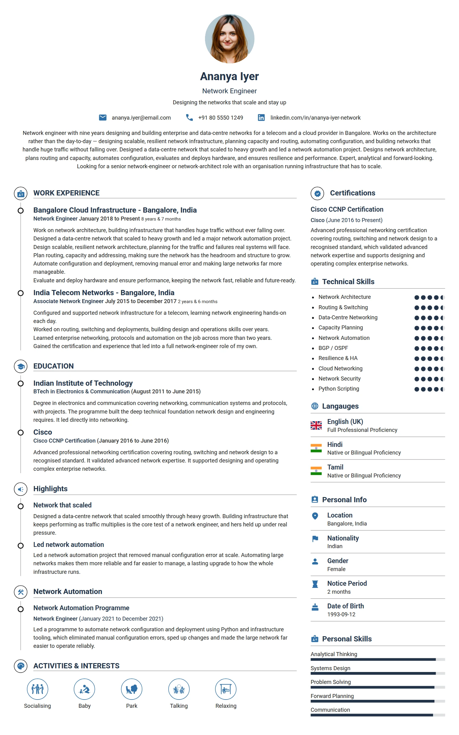 Network Engineer resume example — a professionally formatted Software Development & IT CV sample