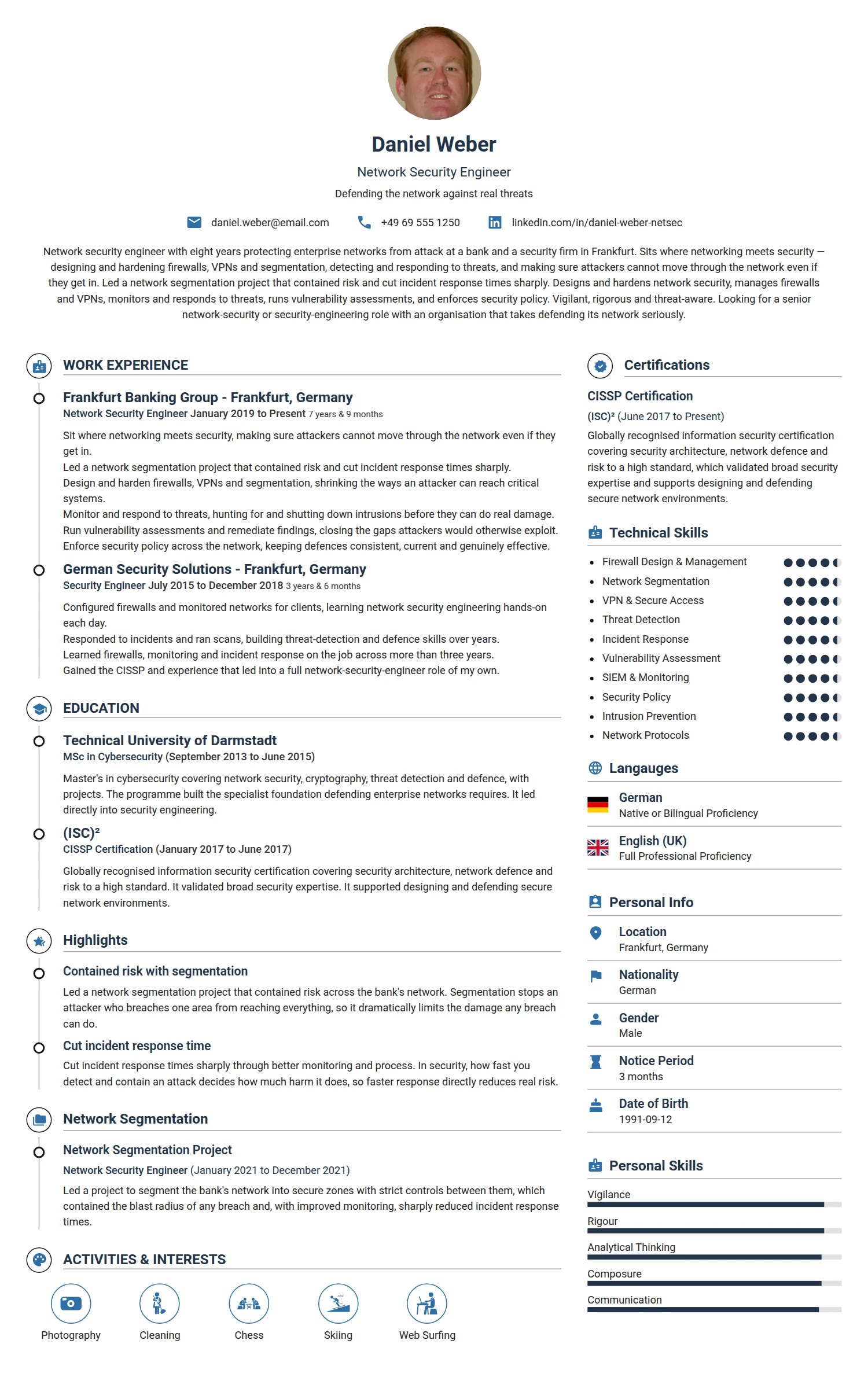 Network Security Engineer resume example — a professionally formatted Education CV sample