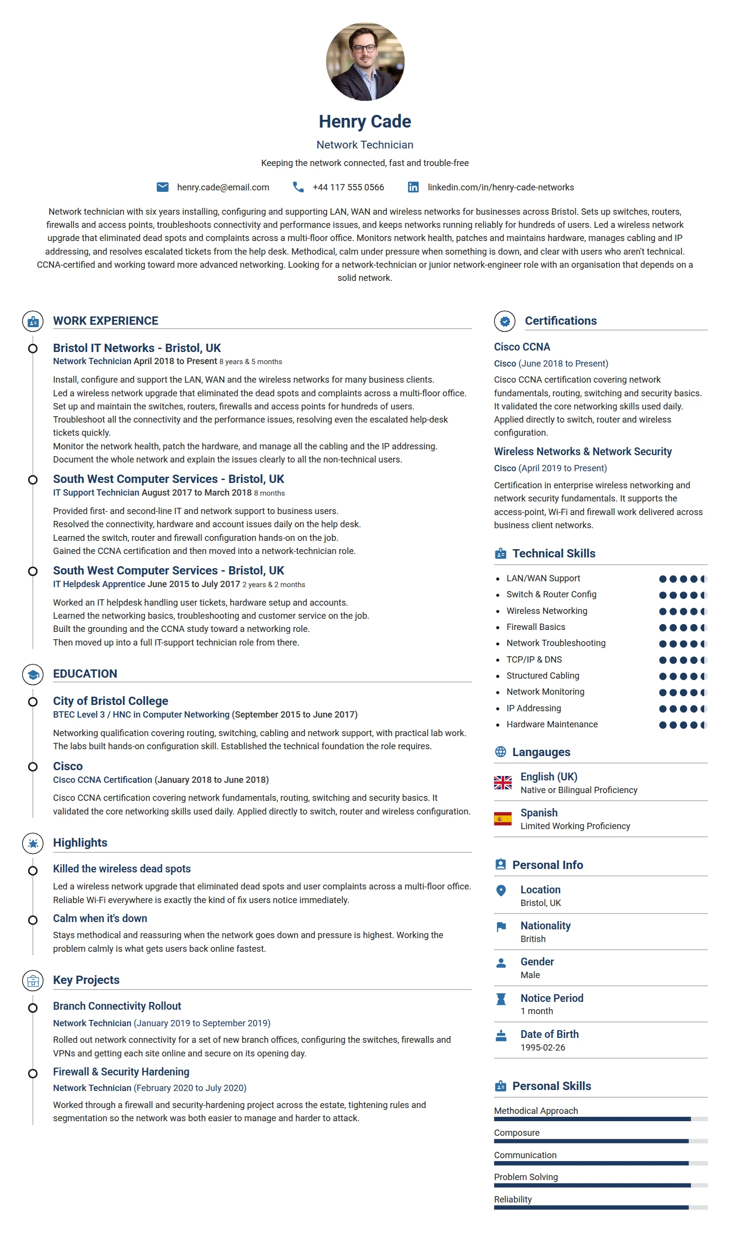 Network Technician resume example — a professionally formatted Software Development & IT CV sample