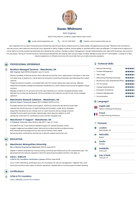 NOC Engineer resume example — a professionally formatted Engineering CV sample