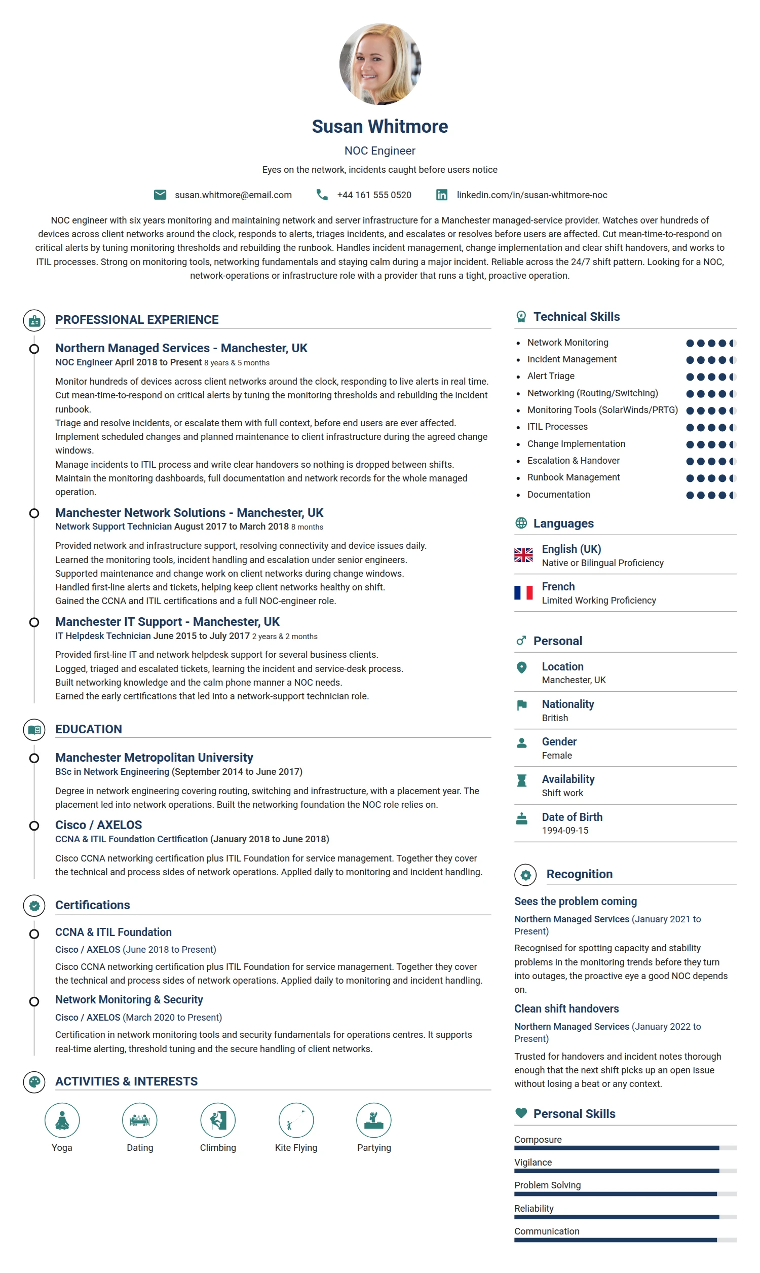 NOC Engineer resume example — a professionally formatted Engineering CV sample