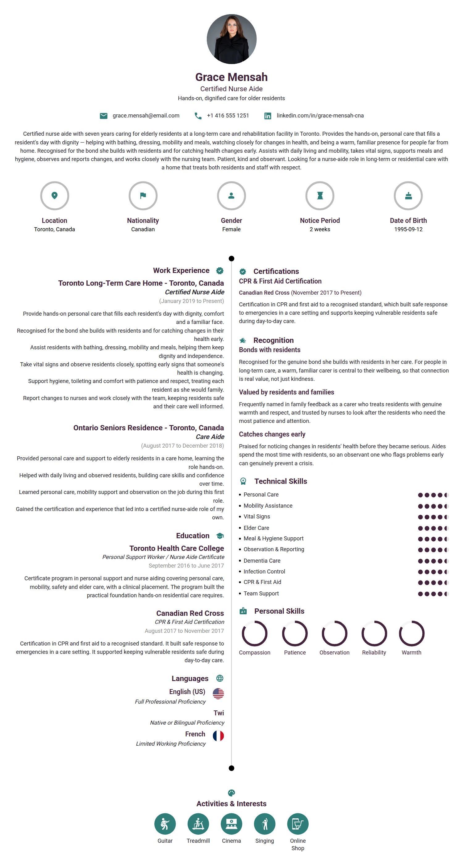 Nurse Aide resume example — a professionally formatted Medical & Healthcare CV sample