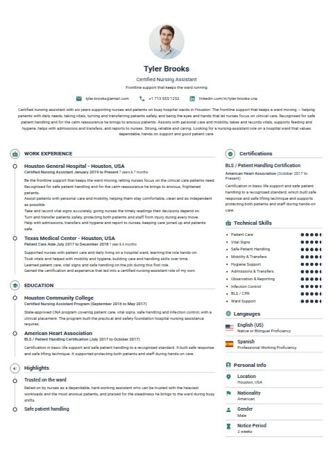 Nurse Assistant resume example