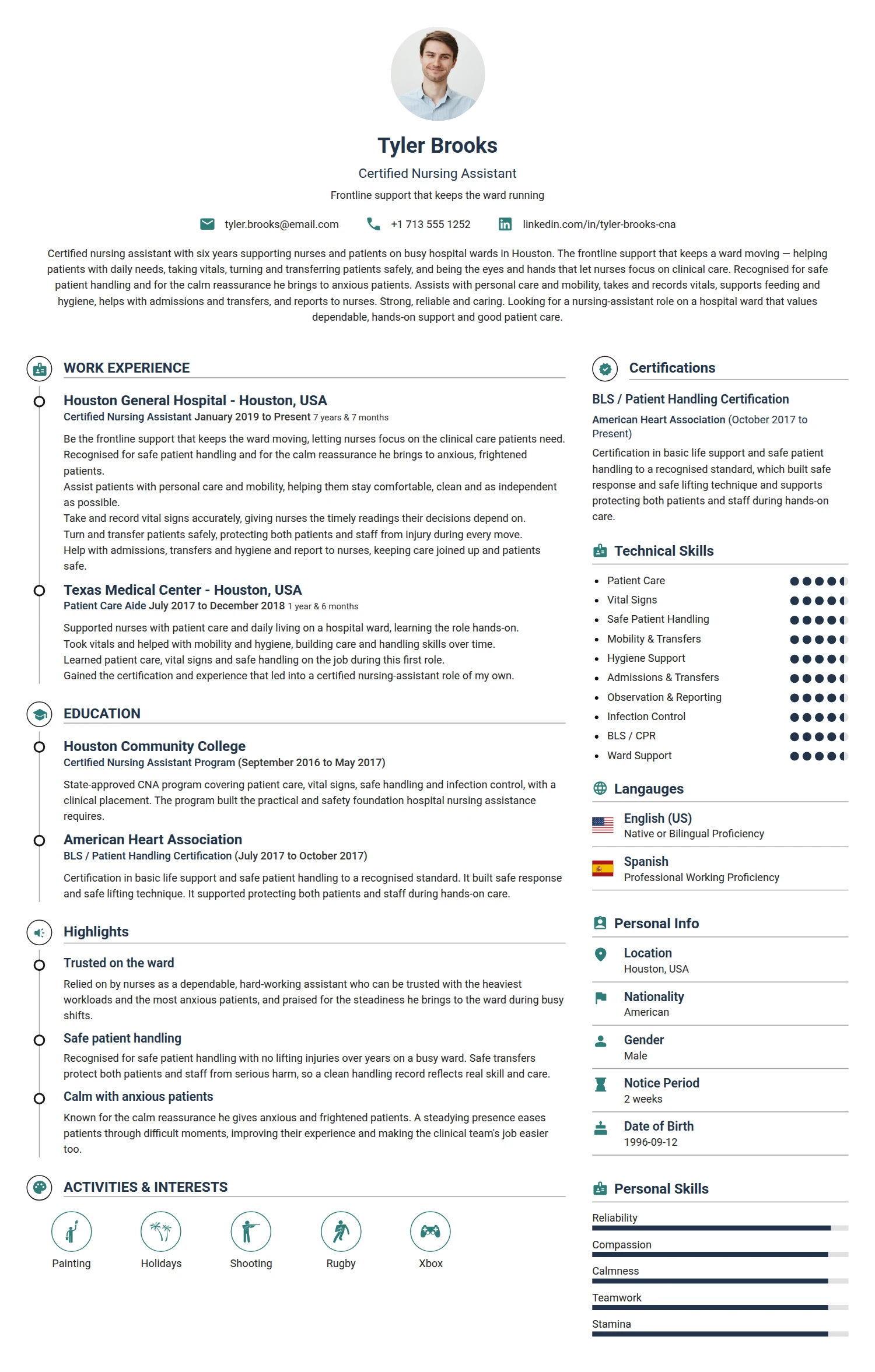 Nurse Assistant resume example — a professionally formatted Medical & Healthcare CV sample