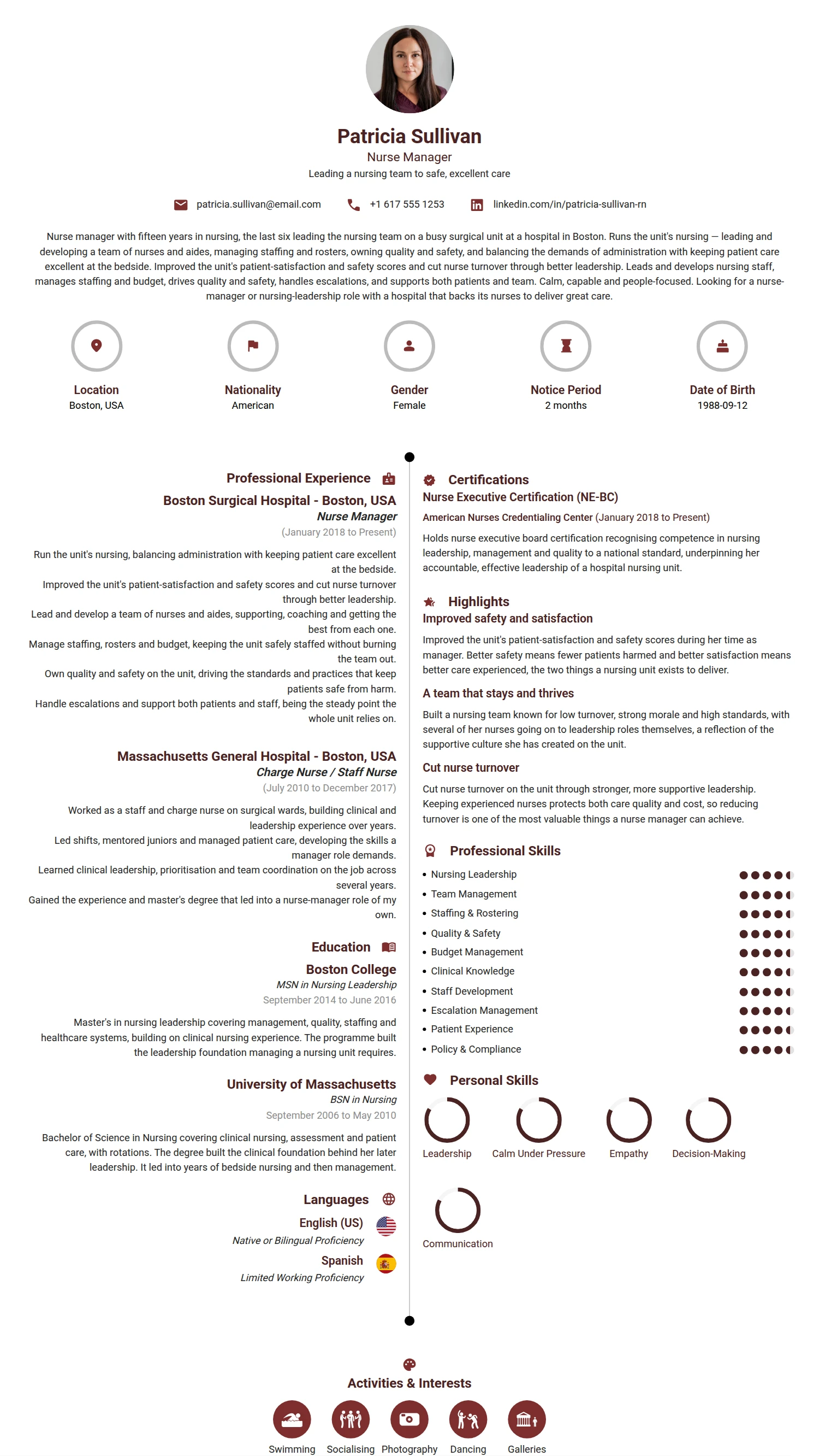 Nurse Manager resume example — a professionally formatted Medical & Healthcare CV sample