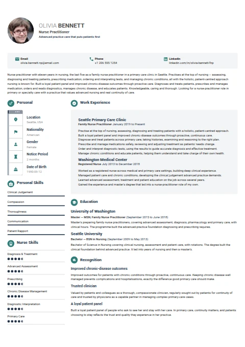 Nurse Practitioner resume example — a professionally formatted Medical & Healthcare CV sample
