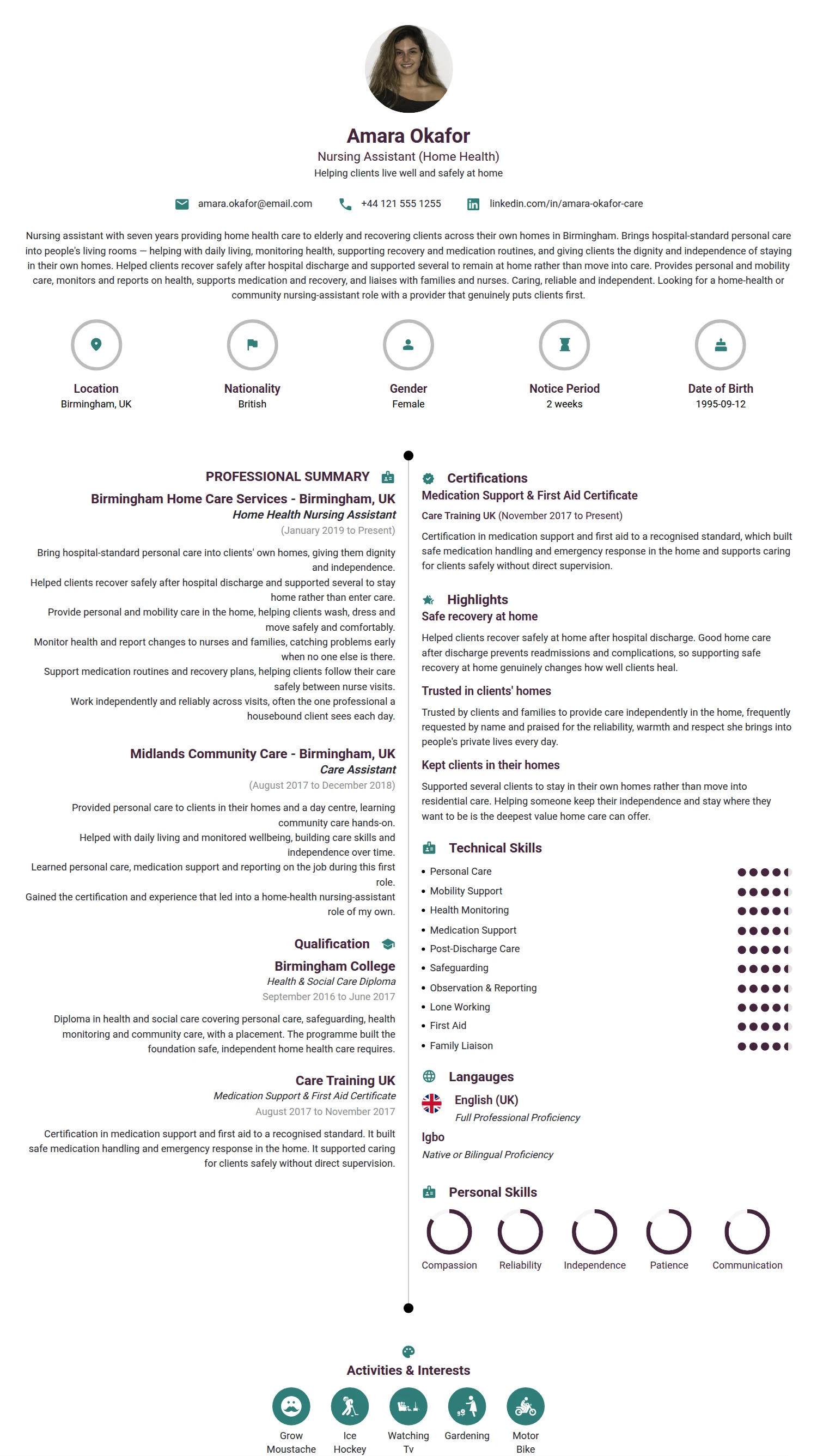 Nursing Assistant resume example — a professionally formatted Medical & Healthcare CV sample