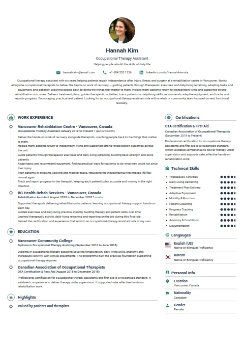 Occupational Therapy Assistant resume example